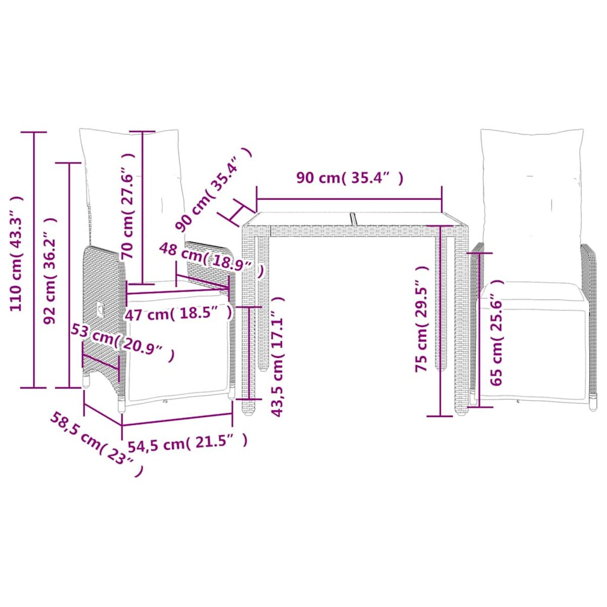 Set da pranzo per esterni con due sedie e un tavolo, dimensioni indicate.