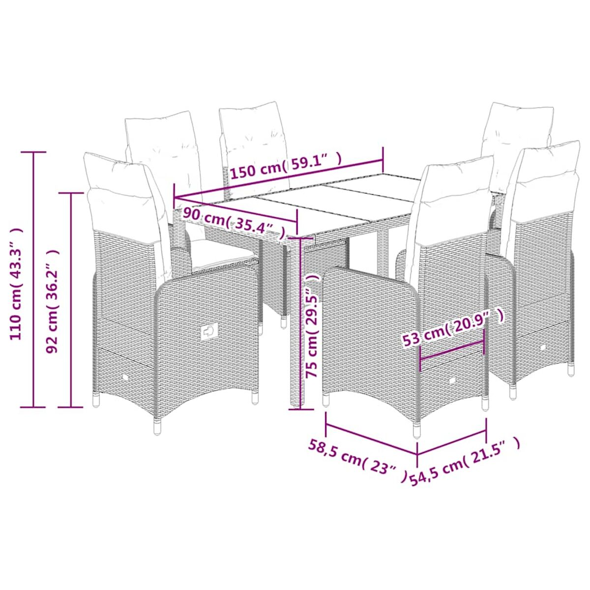 Diagramma di un set di tavolo e sedie in vimini, con dimensioni in cm e pollici.