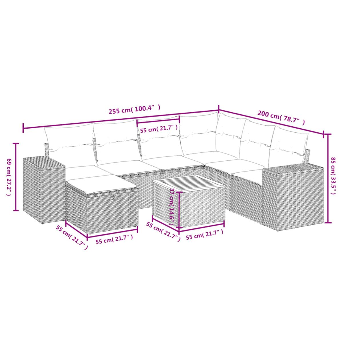 Outdoor-Sofagarnitur mit Maßangaben. Beige Kissen, Rattan-Rahmen und Tisch.