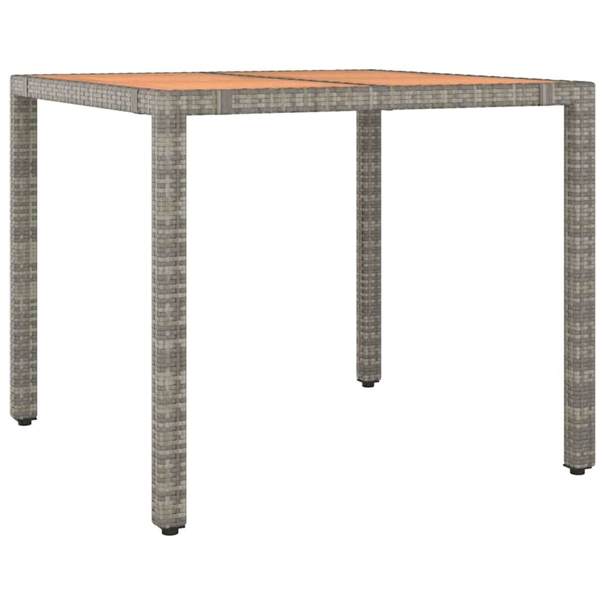 Tavolo quadrato in rattan con piano in legno. Cornice grigia.