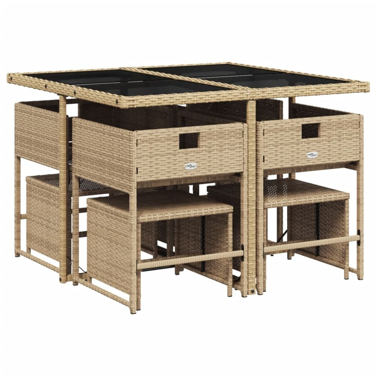 Essgruppe für den Außenbereich mit Tisch und Stühlen. Der Tisch hat eine schwarze Tischplatte, und das Set hat eine Korbanmutung.