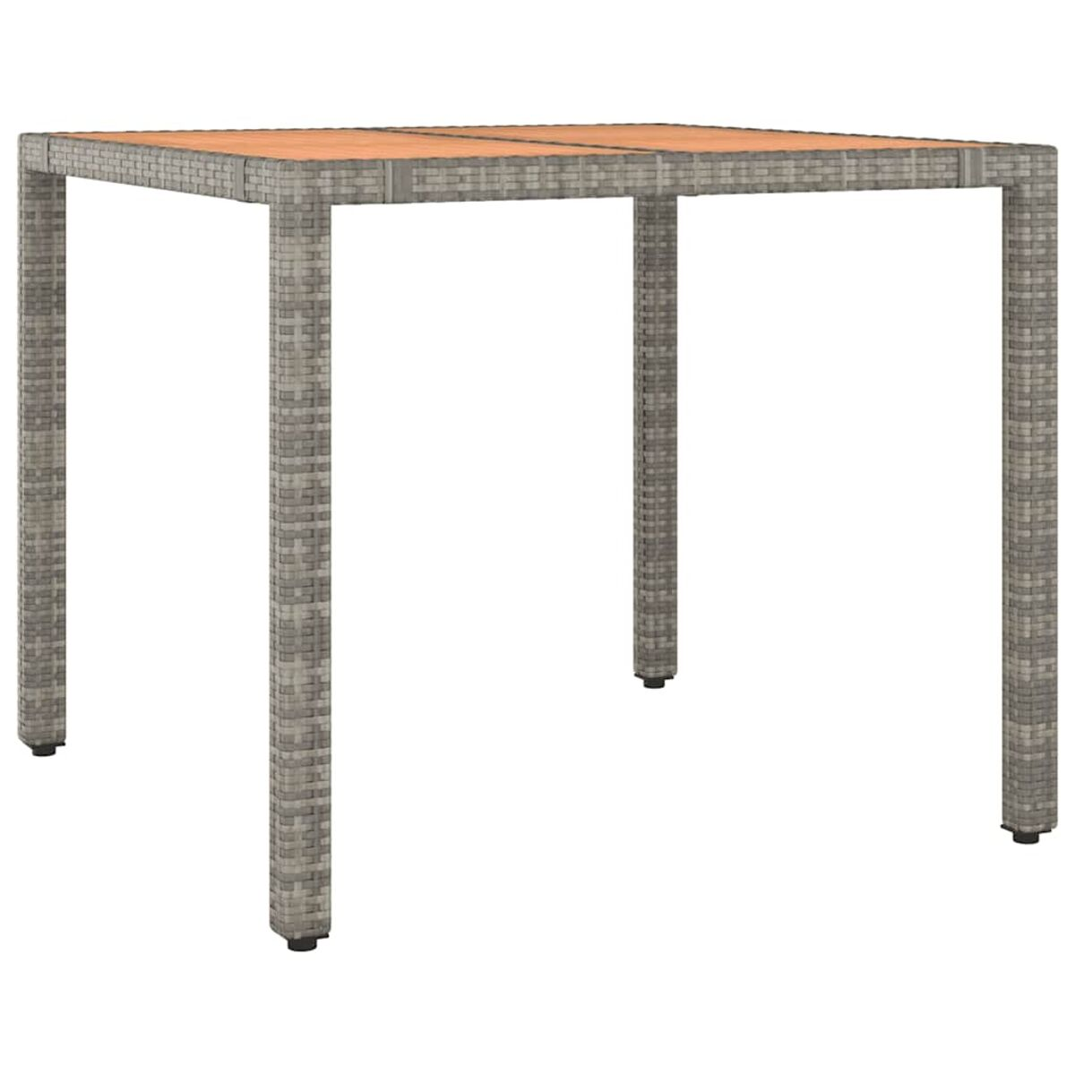 Tavolo quadrato in rattan grigio. Piano in legno marrone e piedi neri.