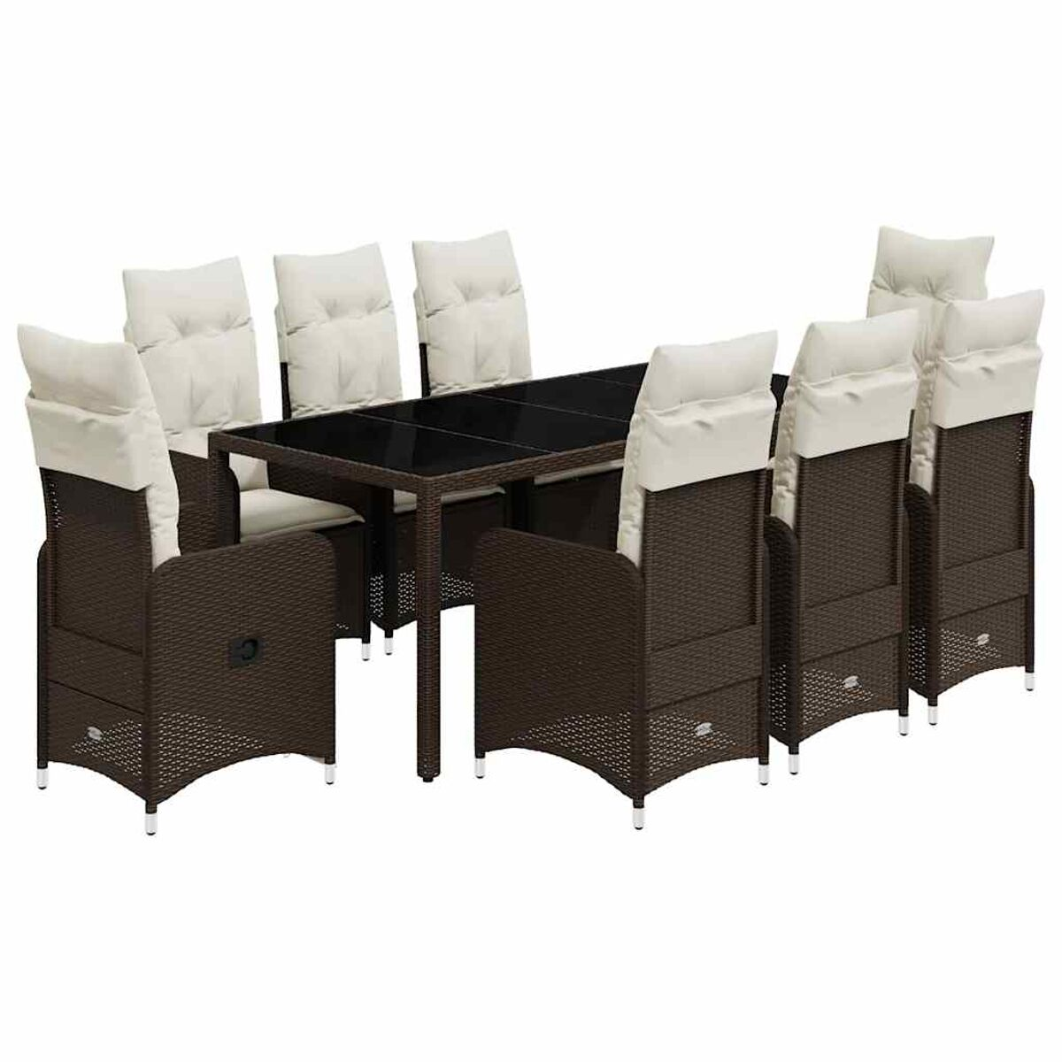 Set da pranzo in vimini marrone con tavolo in vetro e sedie con cuscini color crema.