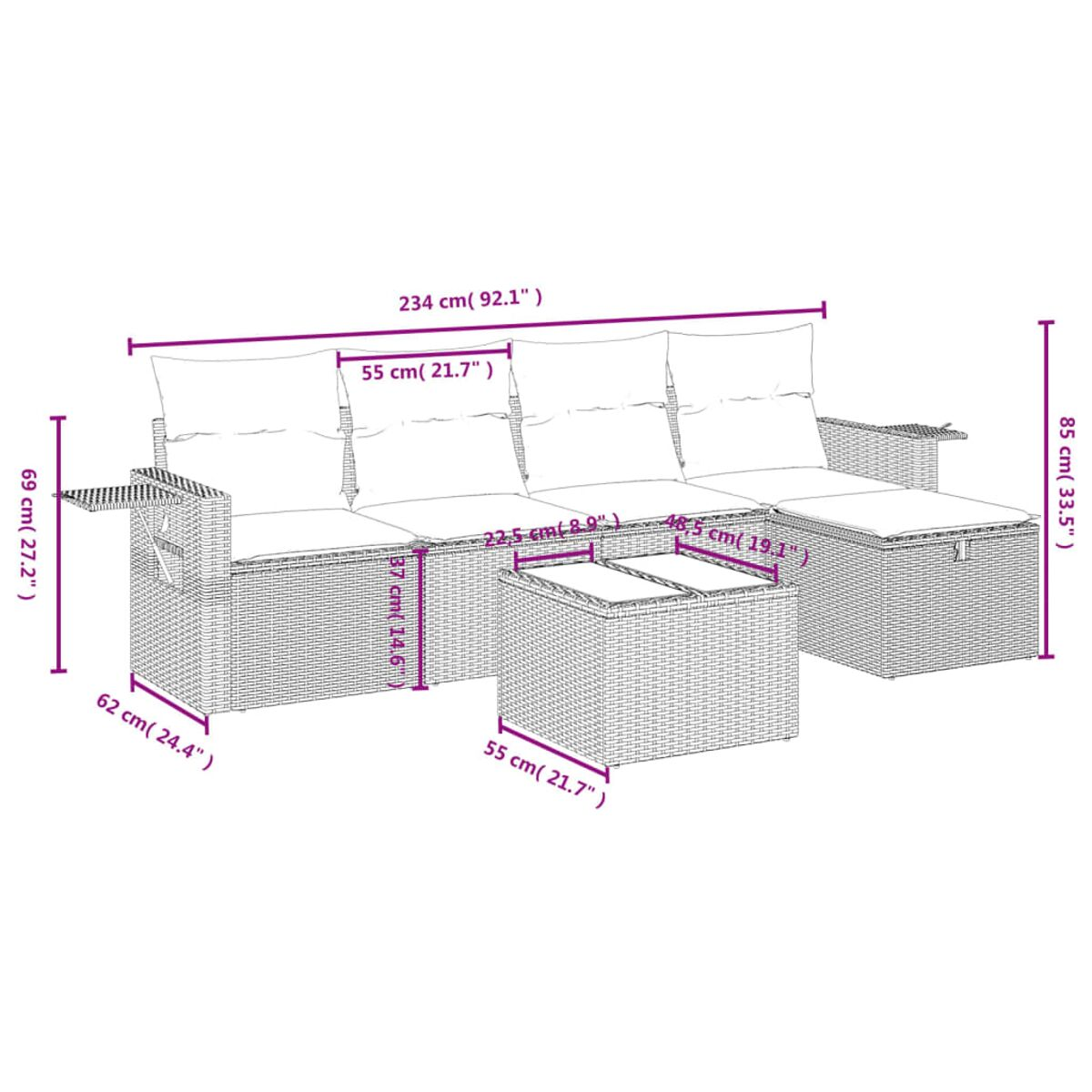 Geflochtene Outdoor-Couch mit Maßen, inkl. Beistelltisch. Ein quadratischer Couchtisch davor.
