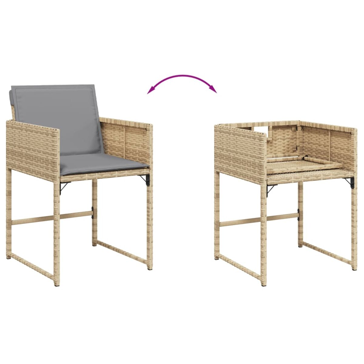 Ein Rattan-Stuhl, mit Sitzkissen, und ein Pfeil, der anzeigt, dass er in einen Beistelltisch umgewandelt werden kann.