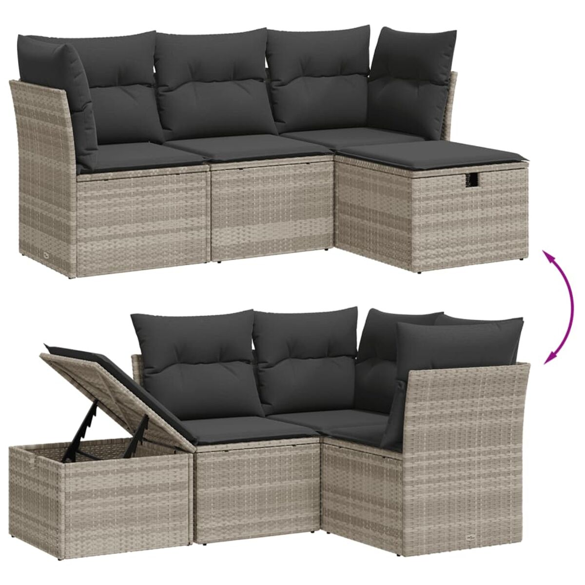 Ecksofa aus Korbgeflecht, mit Stauraum und dunkelgrauen Kissen.