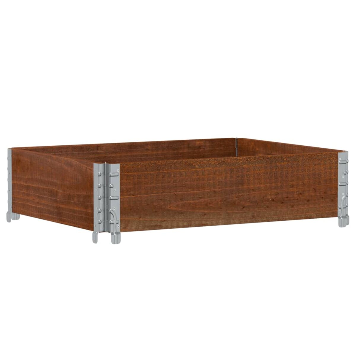 Una scatola di legno con angoli metallici, di forma rettangolare e colore marrone scuro.