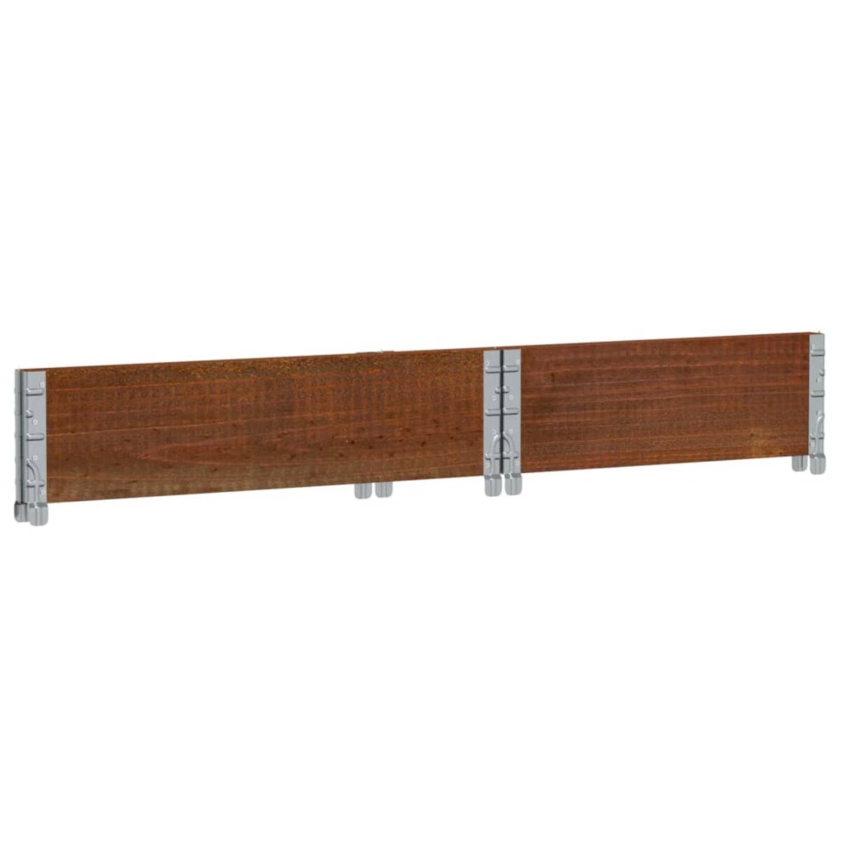 Pannelli di recinzione in legno fissati con staffe argentate, che mostrano l'hardware di connessione.