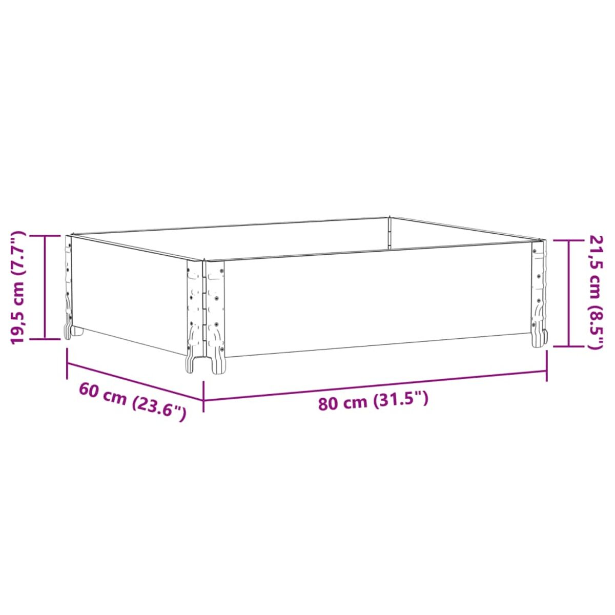 Fioriera rettangolare in legno con dimensioni etichettate.