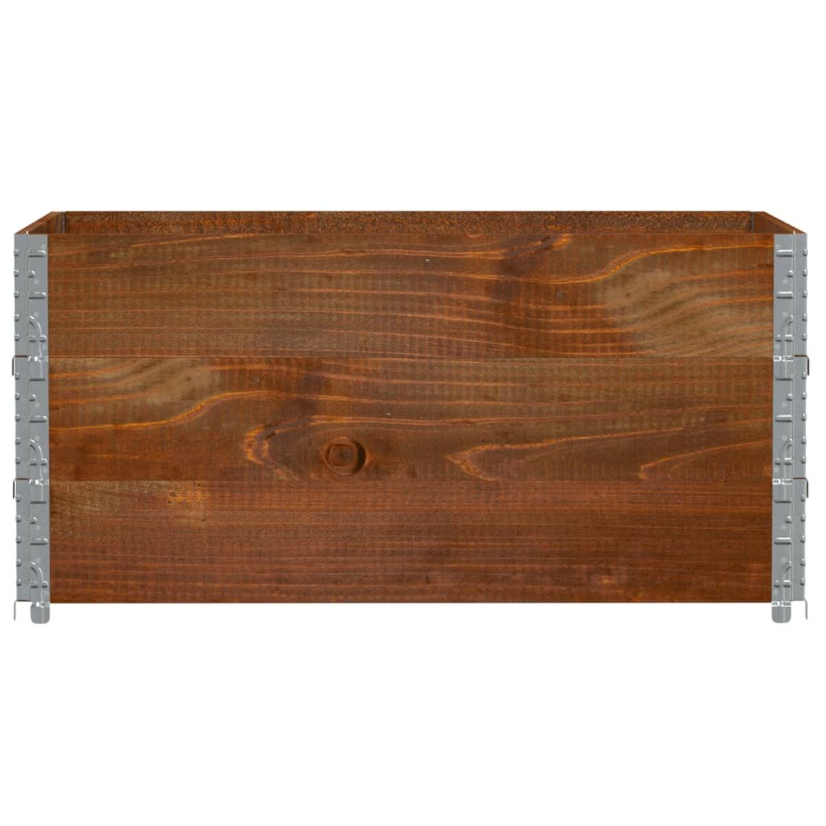 Una vista dall'alto di una scatola di legno con rinforzi angolari in metallo.