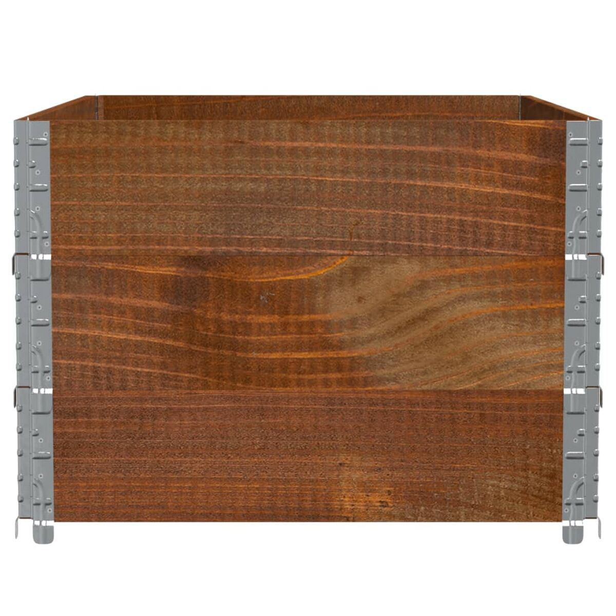 Una fioriera in legno marrone con accenti metallici.