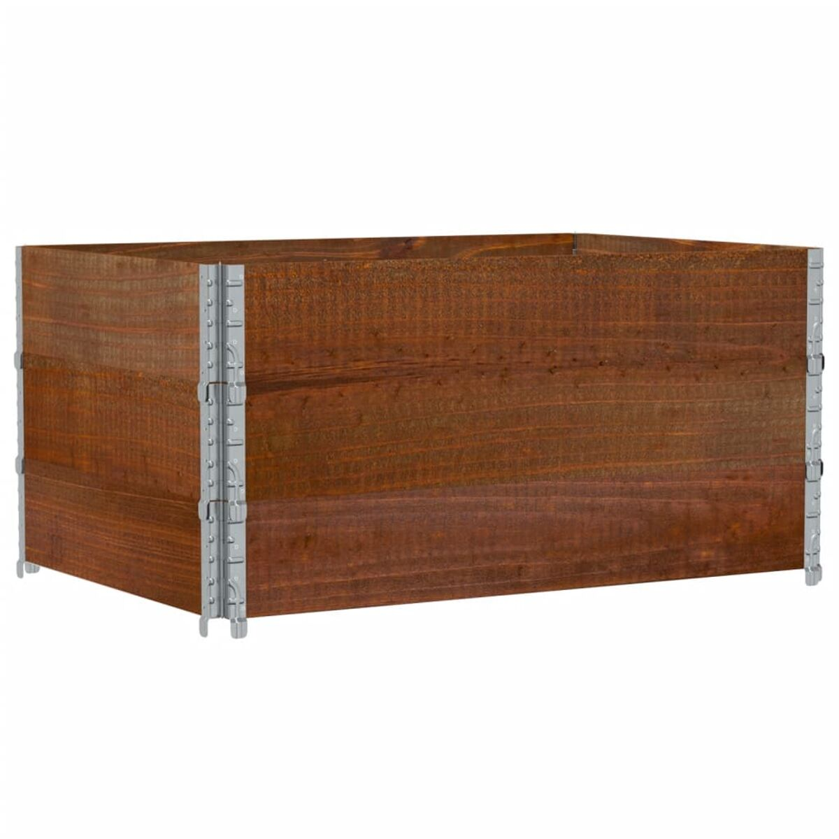 Fioriera rettangolare in legno con accenti metallici.