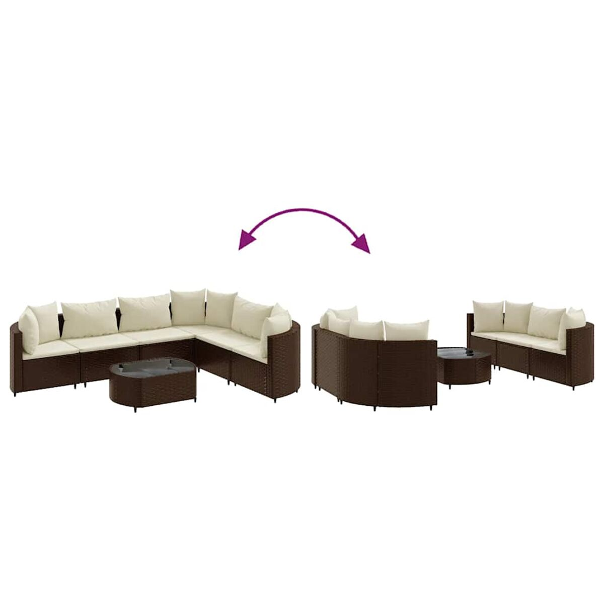 Divano modulare in rattan marrone, con cuscini color crema e due tavolini rotondi.