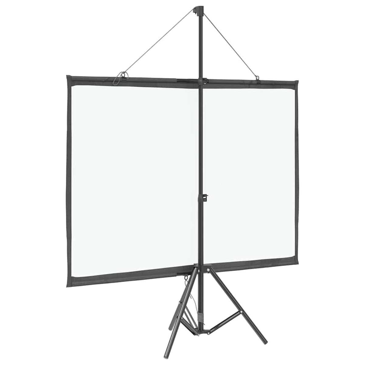 Weiße Projektionsleinwand auf einem schwarzen Stativ. Die Leinwand ist rechteckig.