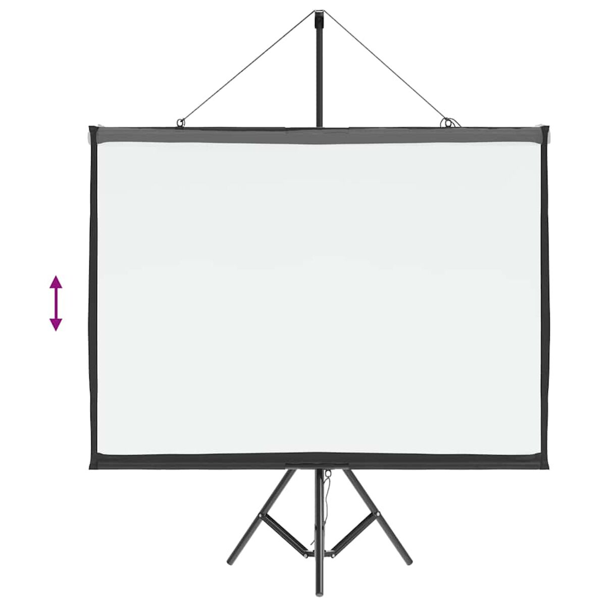 Weiße Projektorleinwand auf einem Stativ, mit Pfeilen, die die Höhenverstellung anzeigen.