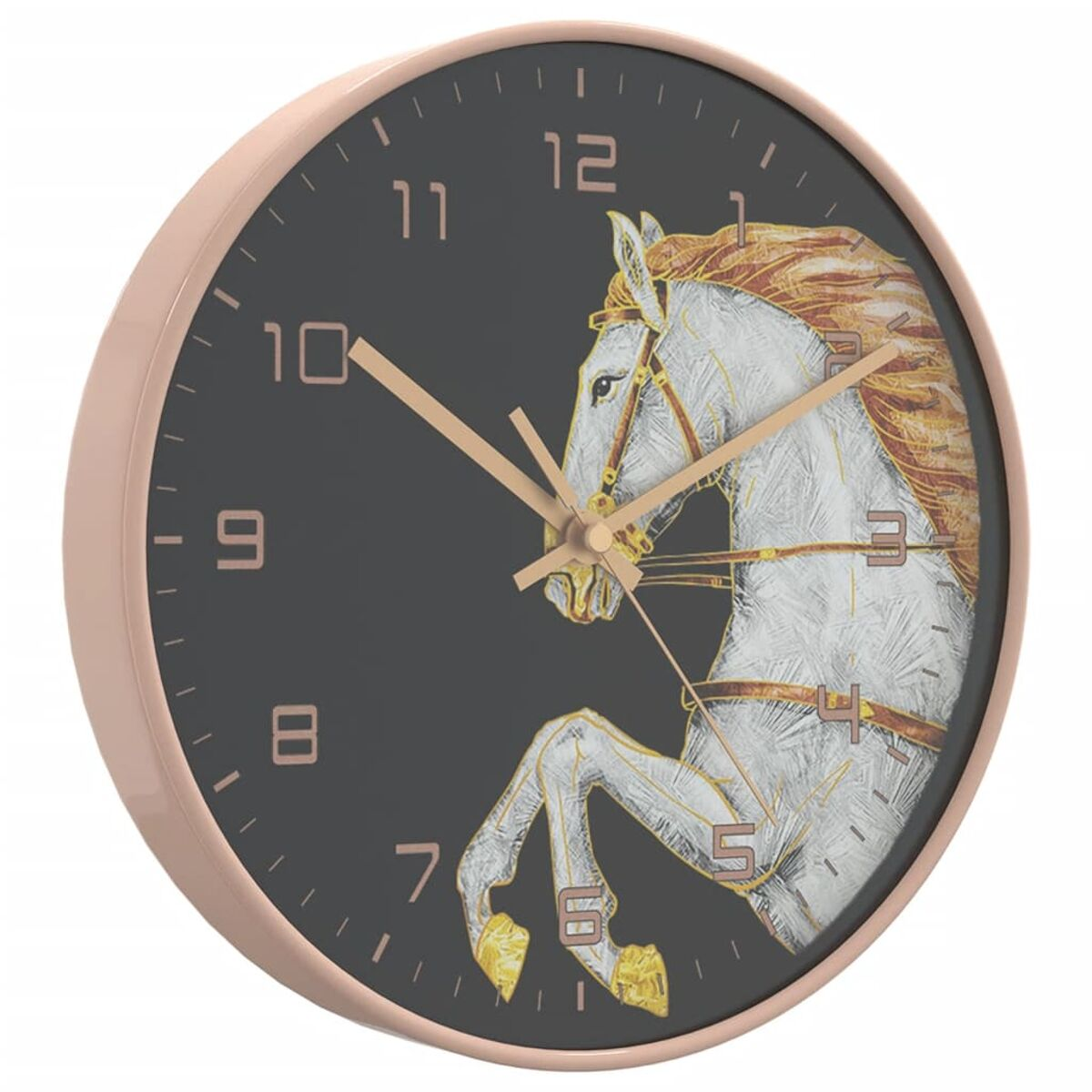 Eine Uhr mit roségoldenem Rahmen, die ein weißes Pferd mit Goldakzenten auf schwarzem Hintergrund zeigt.