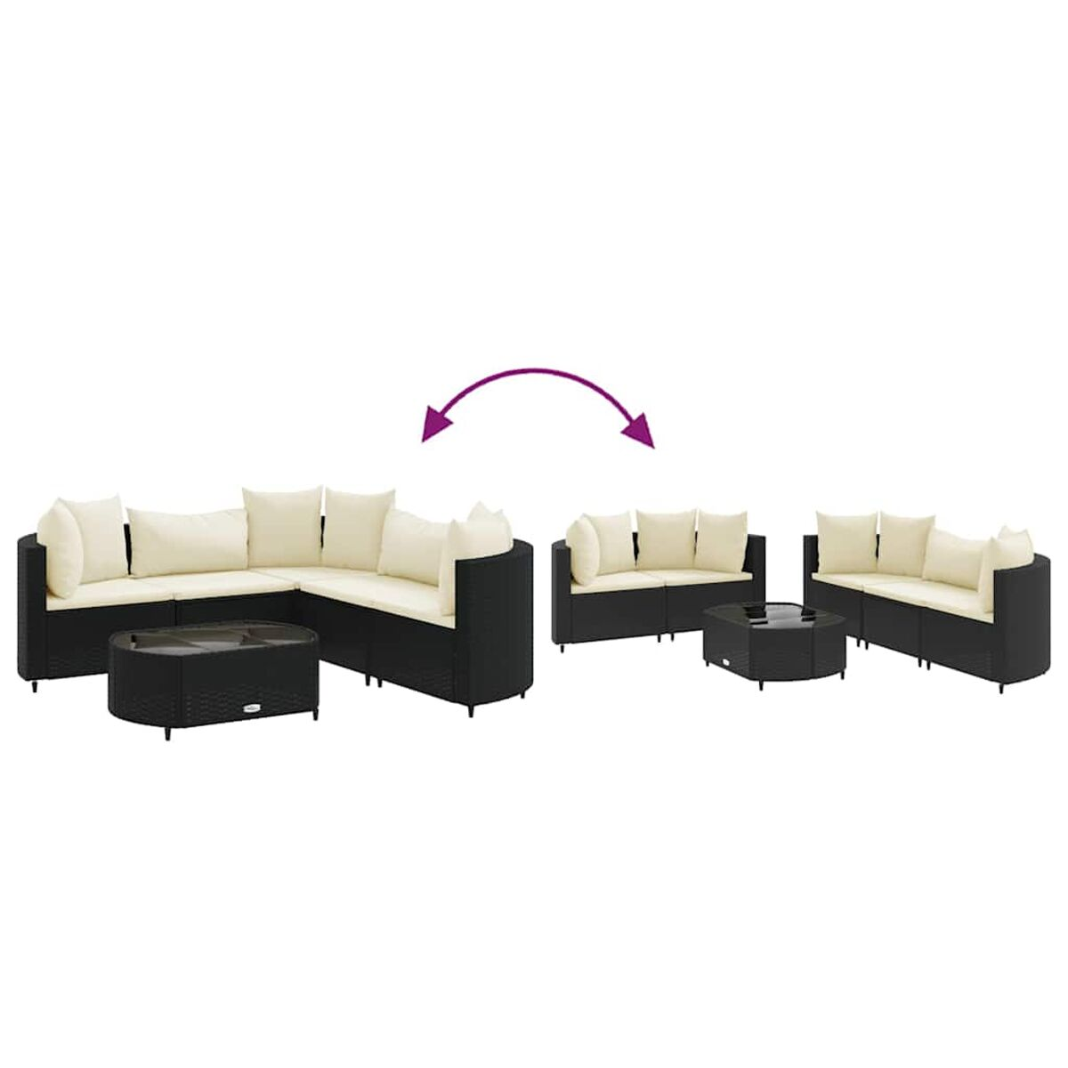 Modulares schwarzes Outdoor-Sofa mit weißen Kissen. Diagramm zeigt verschiedene Konfigurationen.