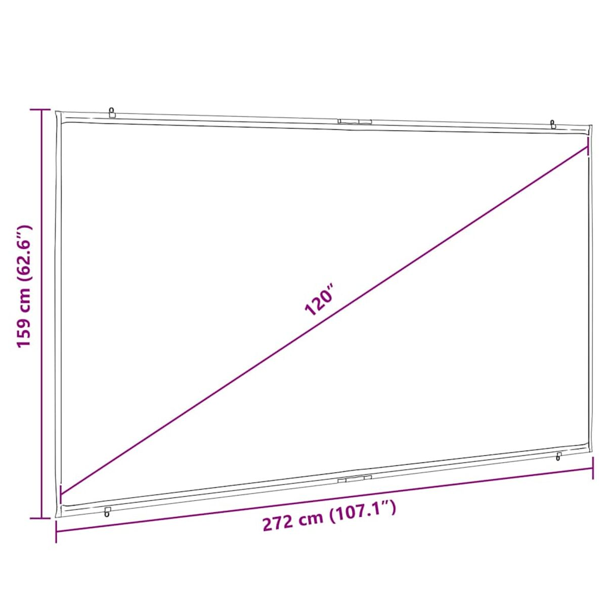 Eine weiße Projektionsleinwand mit Abmessungen und einer Diagonale von 120" auf der Leinwand.