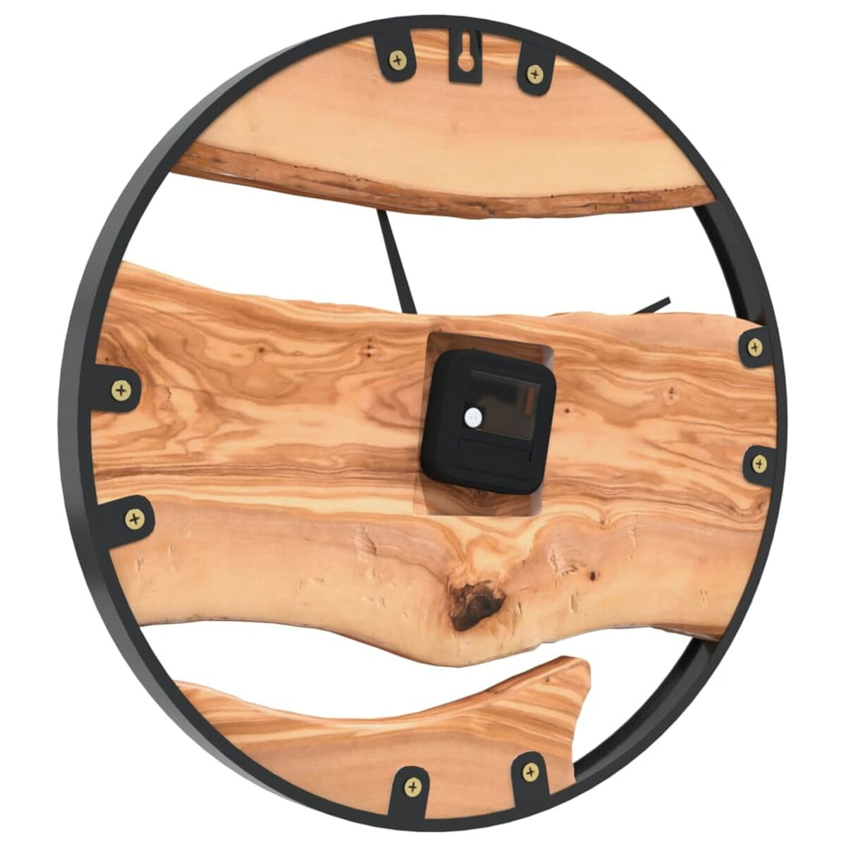 Wanduhr mit Holzrahmen, schwarzem Rahmen und schwarzem Ziffernblatt.