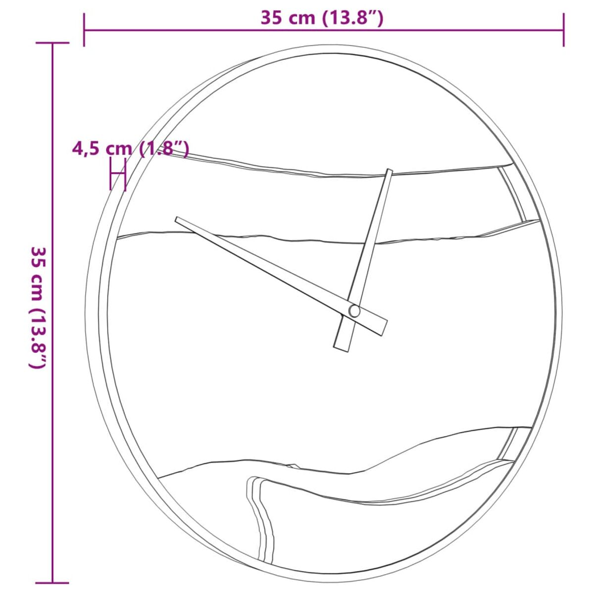 Runde Wanduhr mit weißem Hintergrund und schwarzen Zeigern. Die Zahlen sind markiert. Die Uhr hat einen Rahmen.