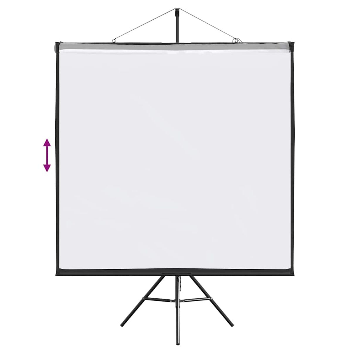 Weiße Projektionsleinwand auf einem Stativ. Der Bildschirm ist rechteckig.