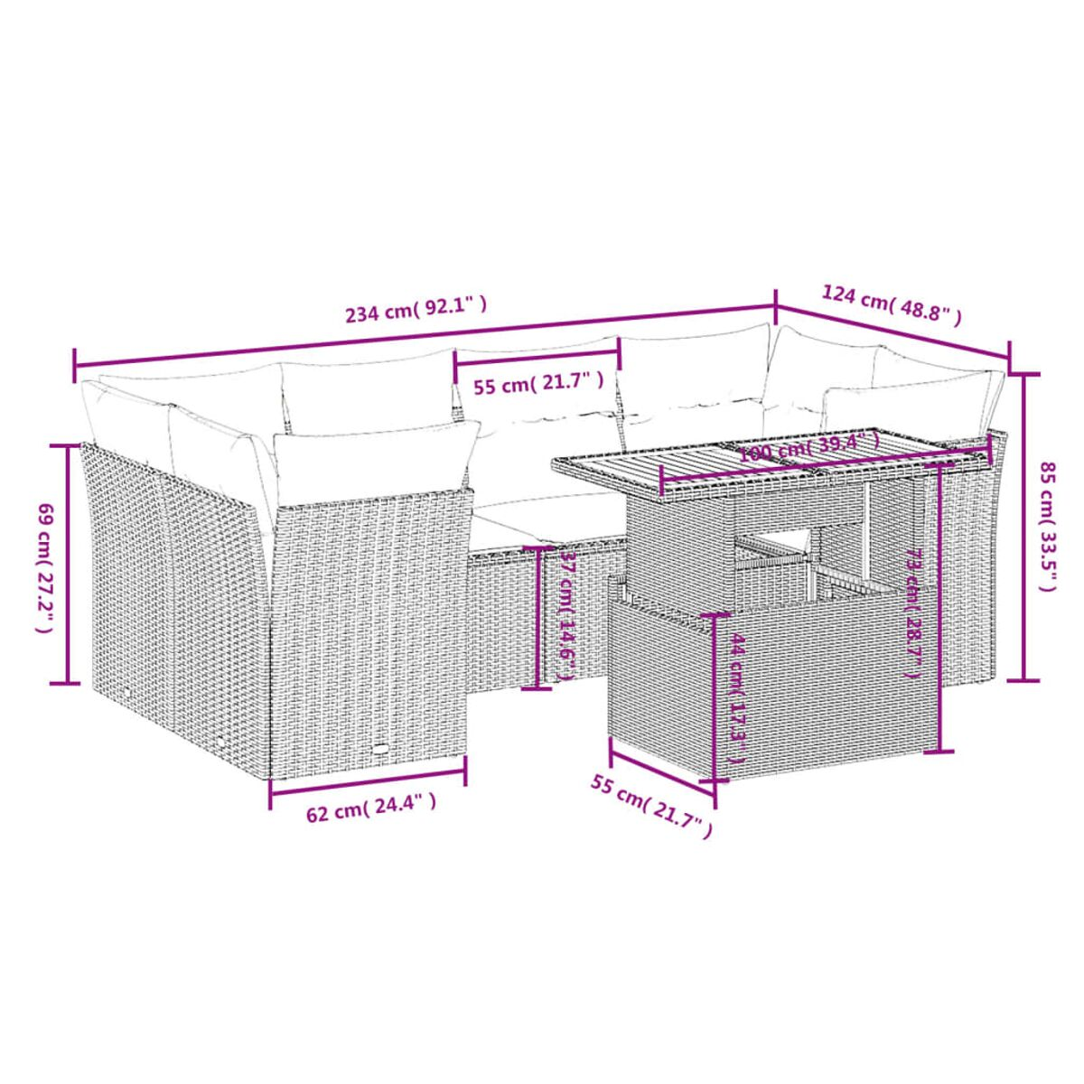 Diagramm mit Abmessungen eines Rattan-Ecksofas und eines Tisches. Maße in cm und Zoll.