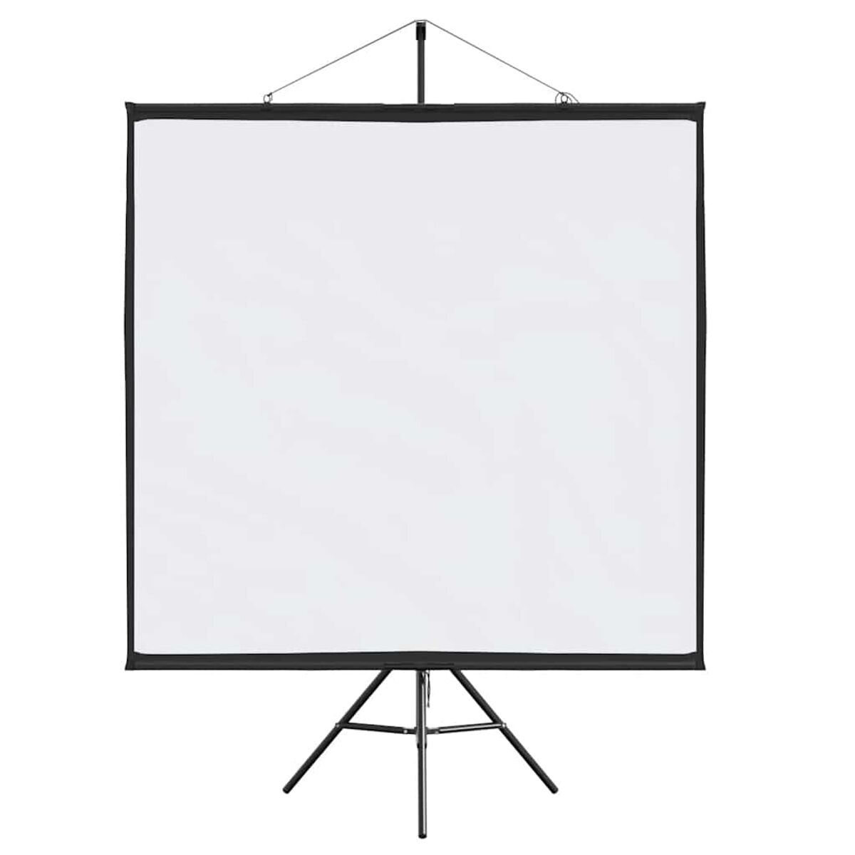 Eine weiße Projektionsleinwand auf einem schwarzen Stativ.