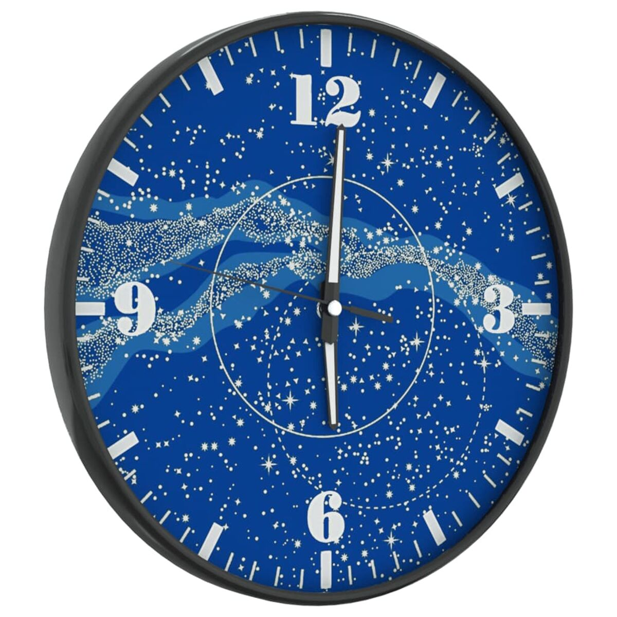 Eine blaue Sternenhimmeluhr mit weißen Zahlen und Zeigern. Ein dunkler Rahmen umgibt die Uhr.