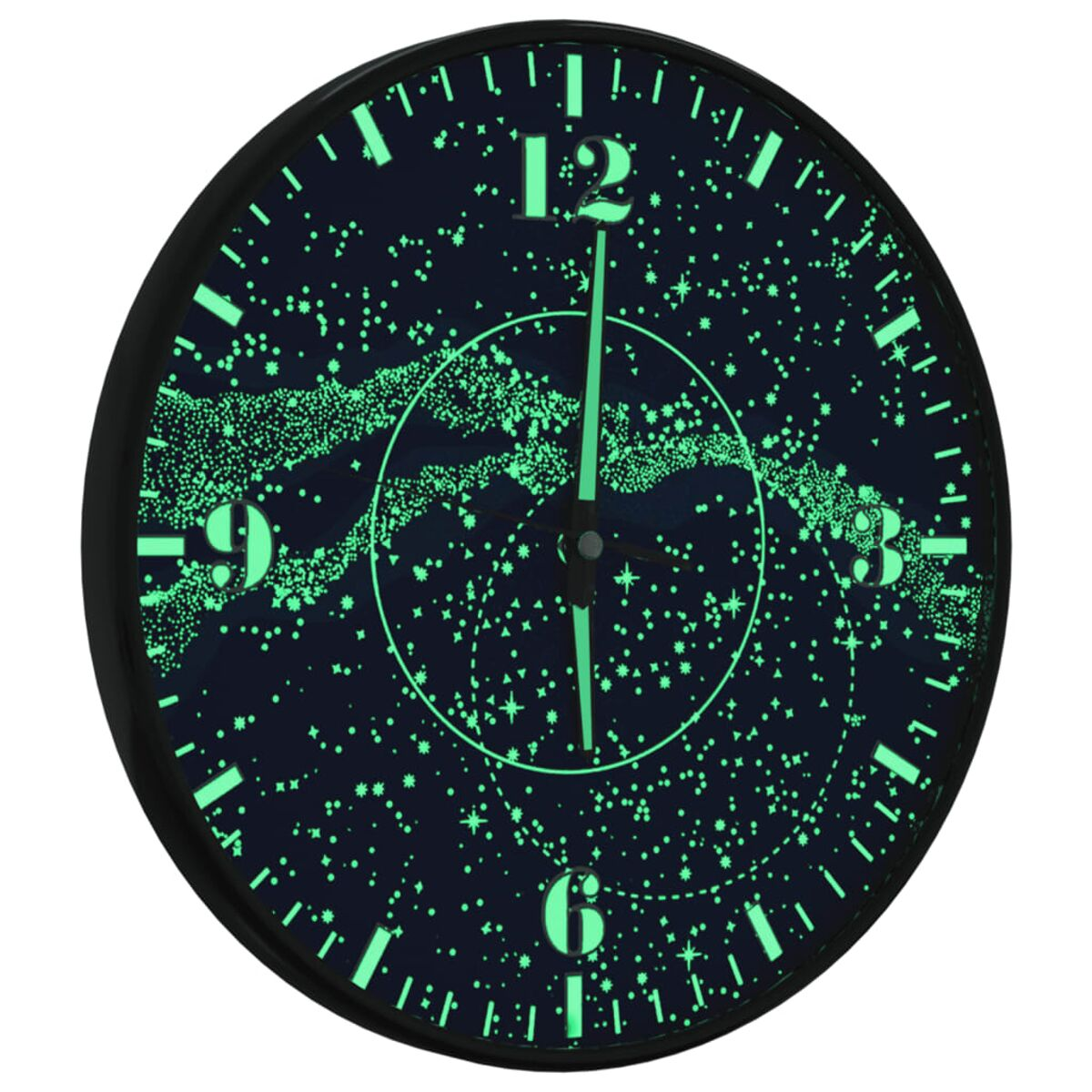 Runde Wanduhr mit dunkelblauem Zifferblatt und leuchtend grünen Markierungen und Zeigern. Sie hat einen schwarzen Rahmen.