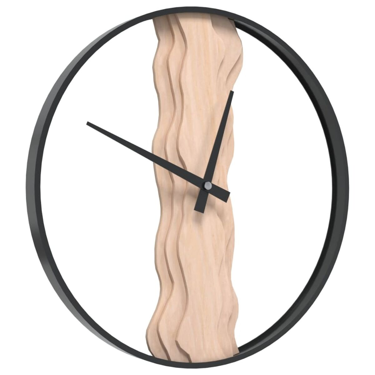 Eine Uhr mit einem schwarzen kreisförmigen Rahmen. Das Zifferblatt hat ein Holzmaserungsdesign mit schwarzen Zeigern.