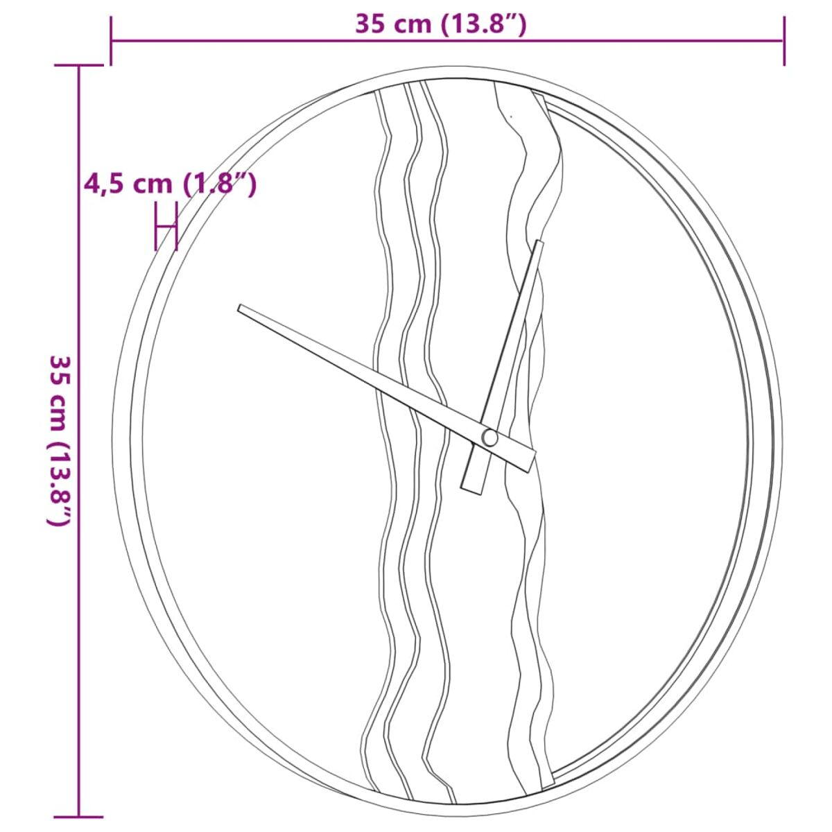 Runde Wanduhr mit wellenförmigen Linien in der Mitte. Maße sind angegeben.