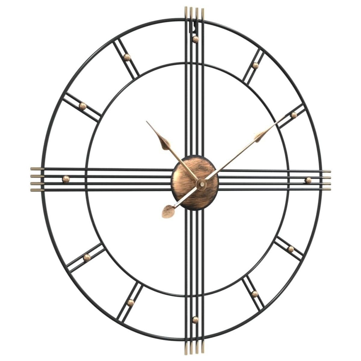 Eine große Metalluhr mit schwarzem Rahmen, bronzefarbenem Ziffernblatt und römischen Ziffern.