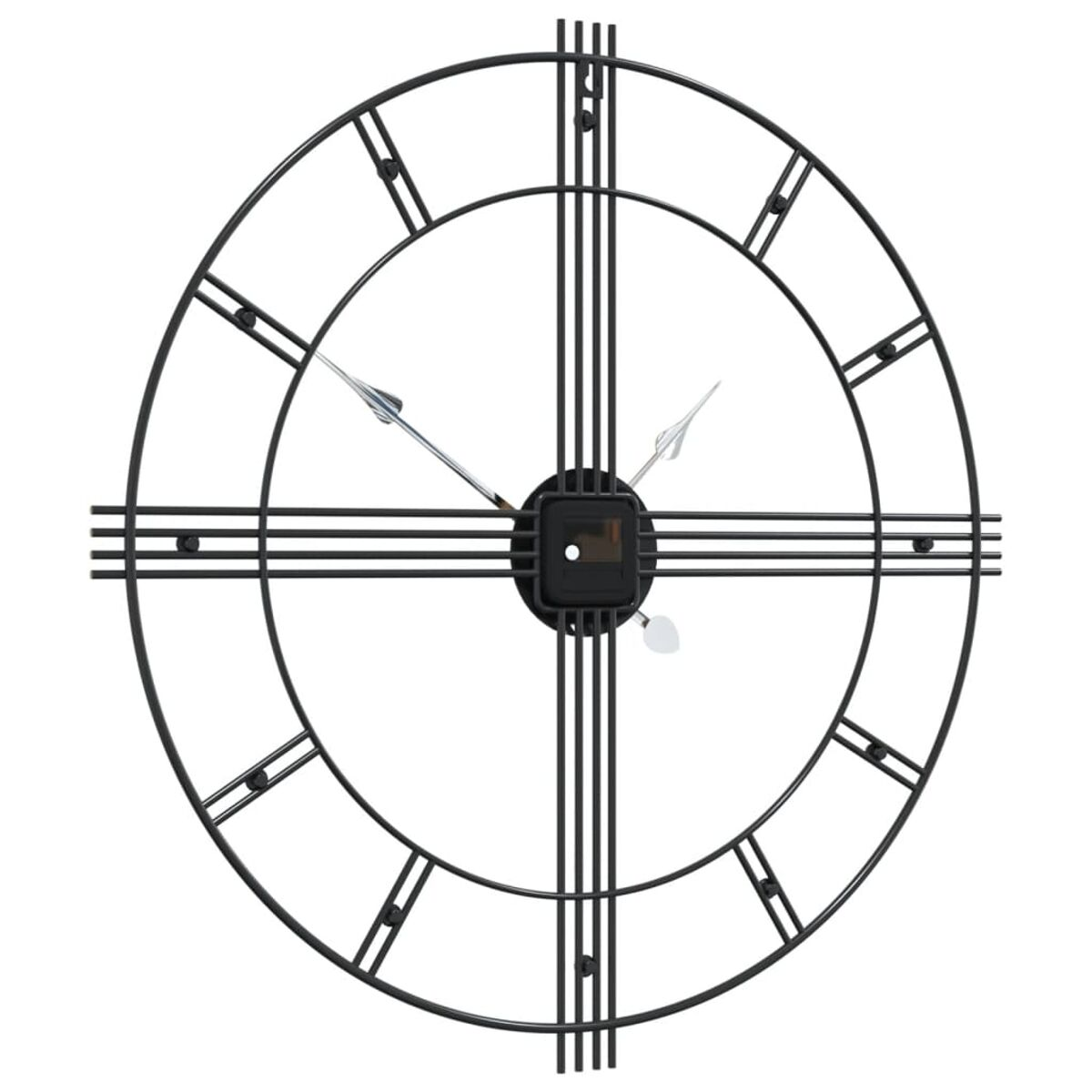 Schwarze Metall-Wanduhr mit römischen Ziffern und Zeigern, vor weißem Hintergrund.