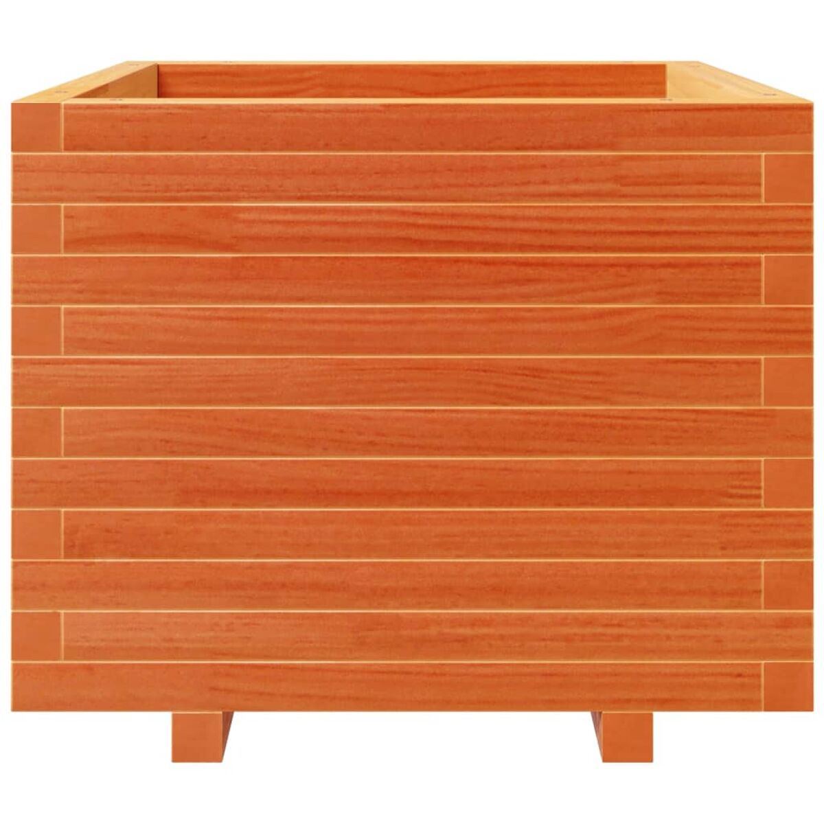 Orangebrauner Holzpflanzkasten. Horizontale Holzlatten. Rechteckige Form. Vier kleine Füße.