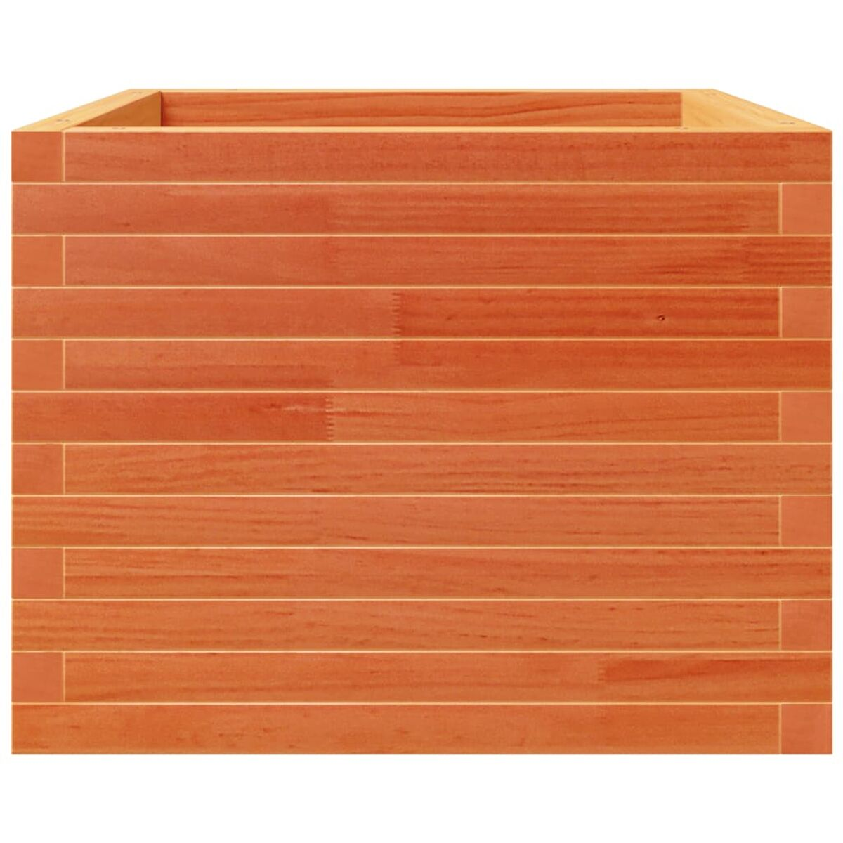 Pflanzkasten aus Holz mit horizontalen Brettern, rotbraune Farbe, quadratische Form.