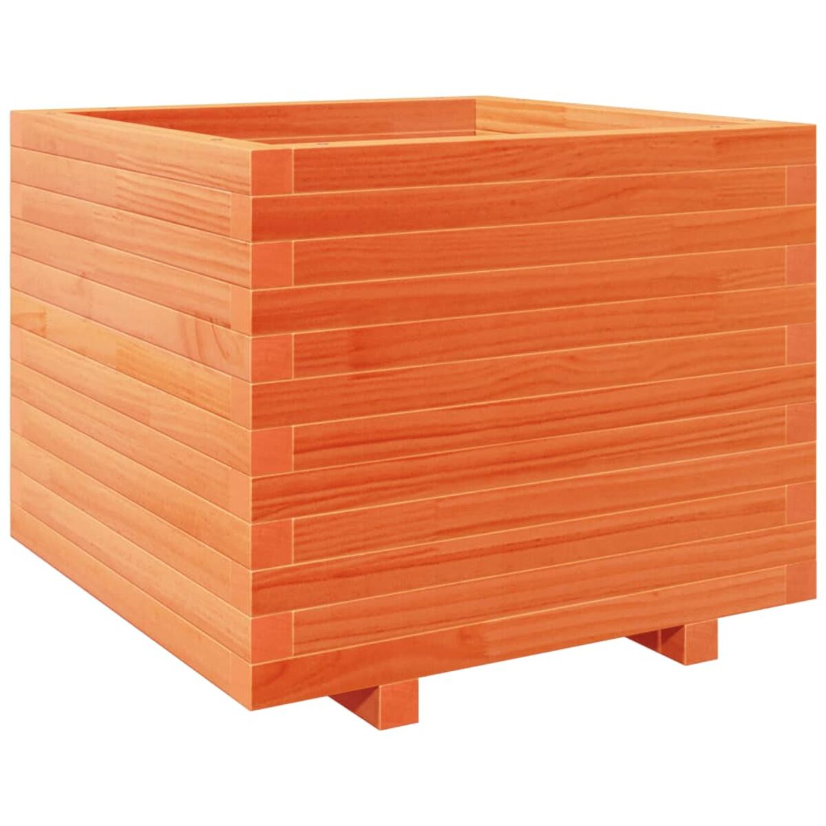 Orangene quadratische Pflanzkasten aus Holz, Maserung und Konstruktion sichtbar.