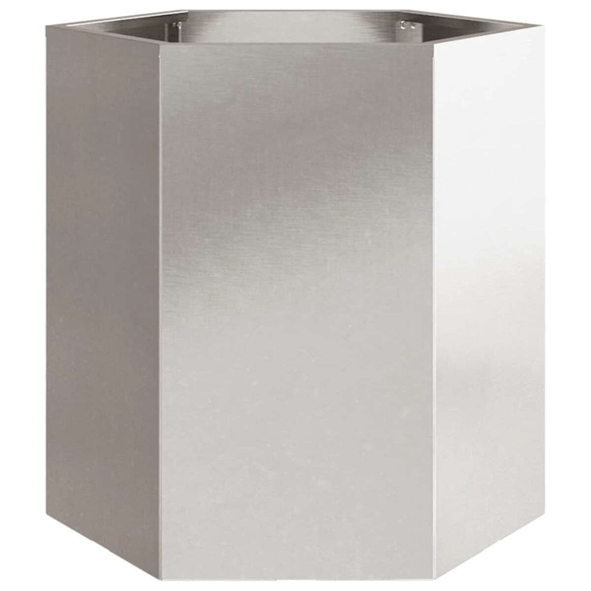 Silberner sechseckiger Pflanzkübel, modern und metallisch, sauberes Design.