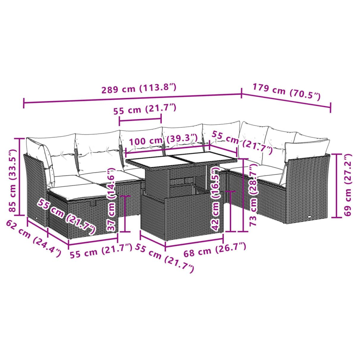 Ein Diagramm eines Terrassenmöbelsets mit in cm und Zoll beschrifteten Abmessungen. Das Set enthält einen Tisch und Stühle.