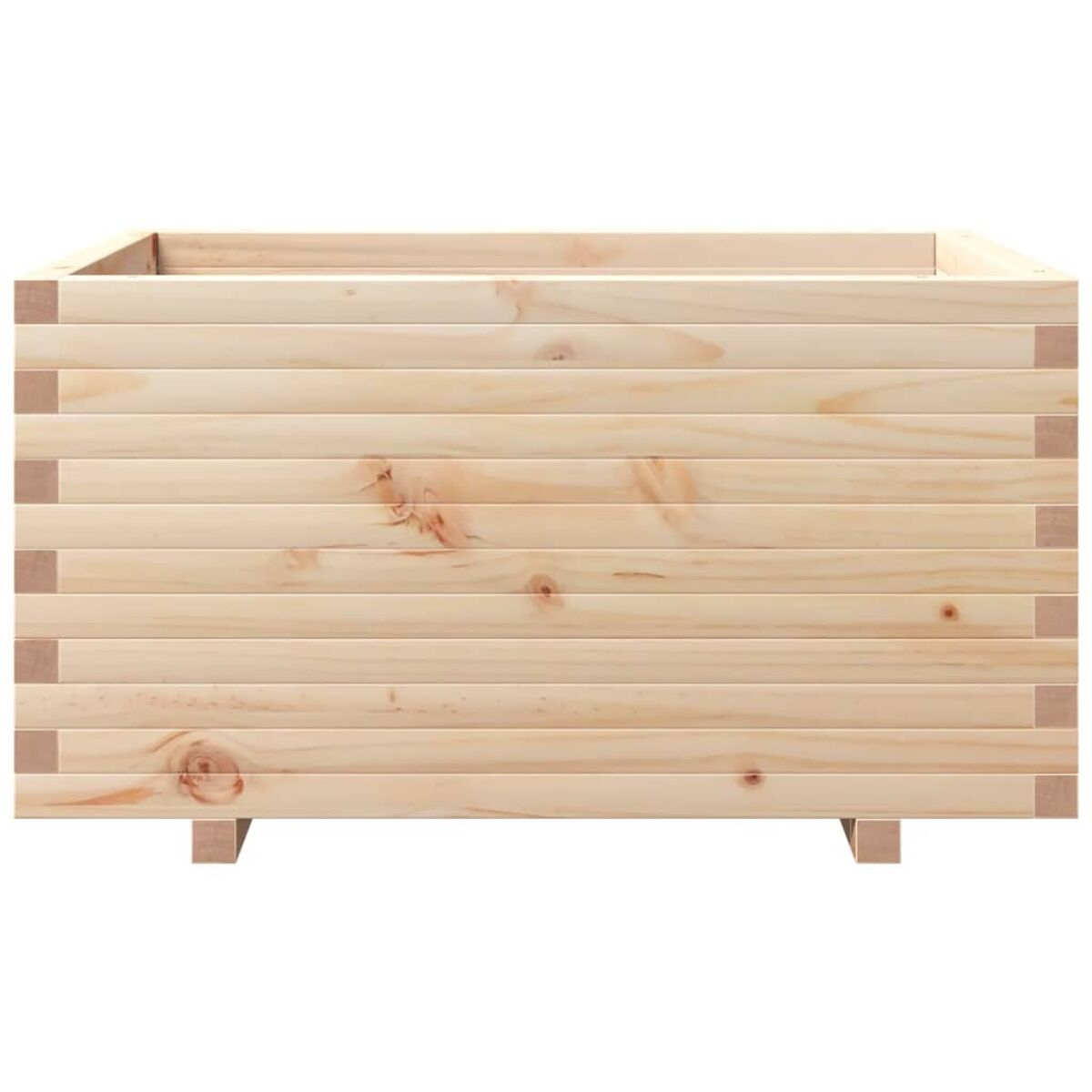 Quadratischer Pflanzkasten aus hellem Holz. Einfaches Design, mit sichtbarer Holzmaserung.