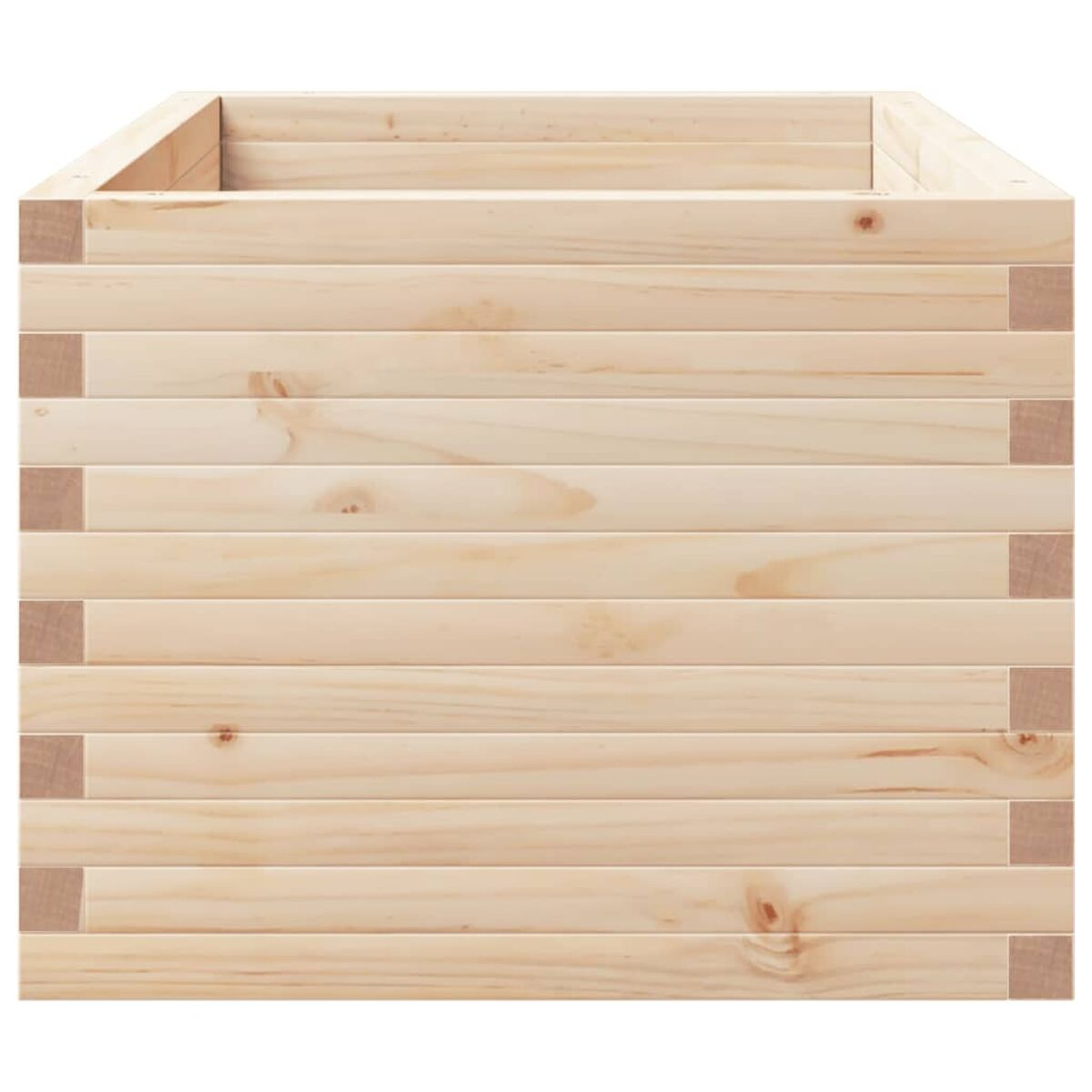Holzpflanzkasten aus horizontalen Holzplanken. Die Box ist unbemalt und zeigt Holzmaserung.