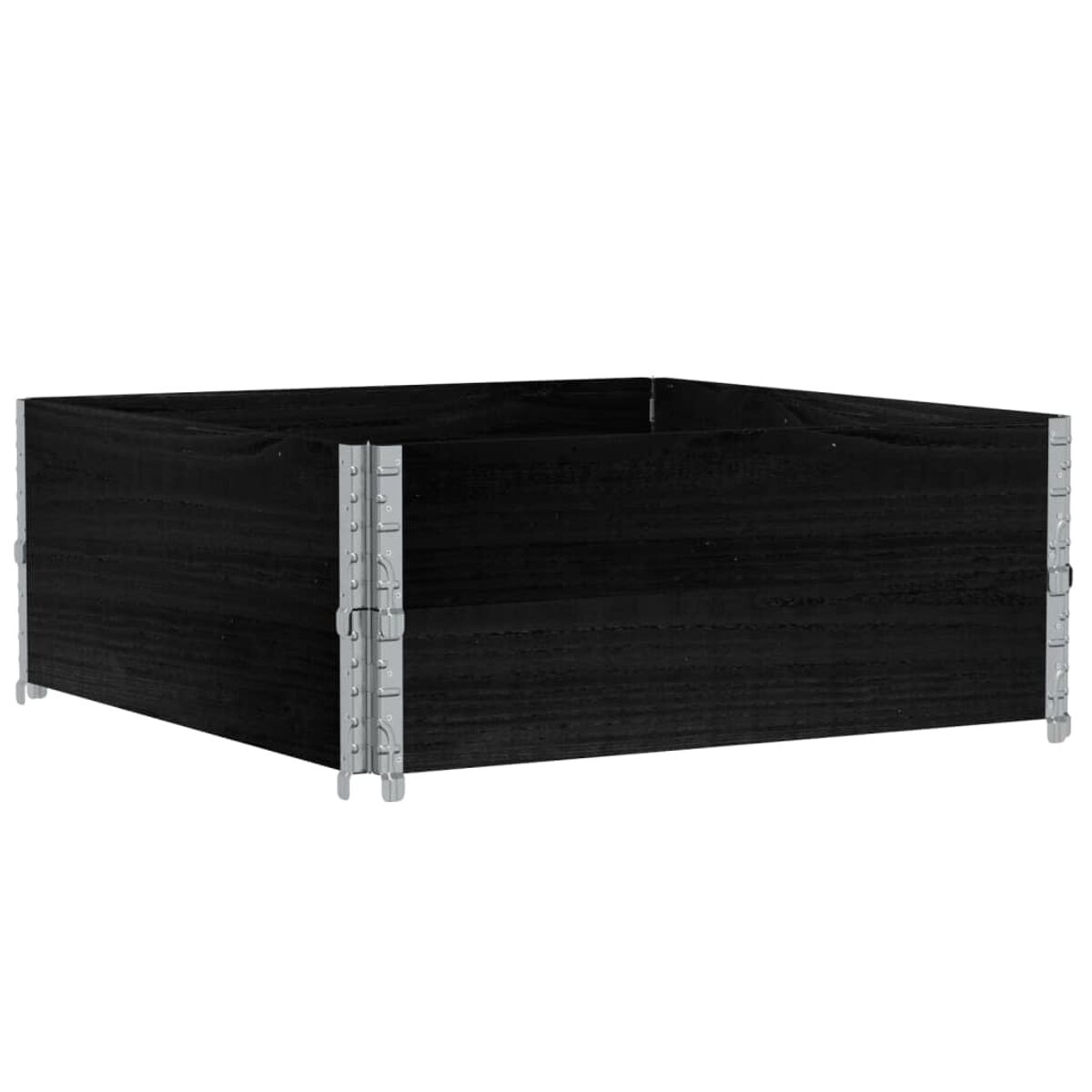 Schwarzer quadratischer Holzpflanzkübel mit Metallecken.
