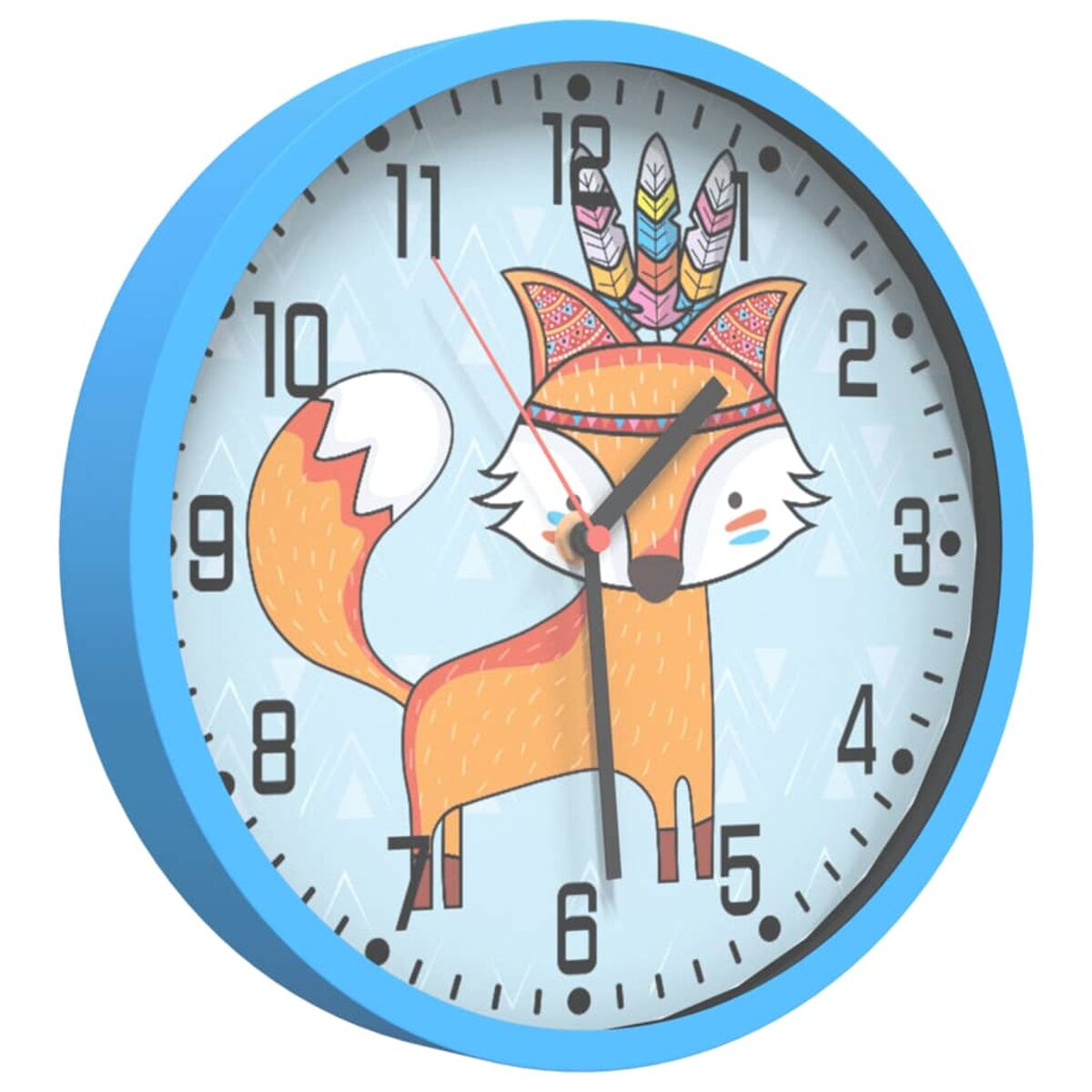 Blaue Uhr mit einem Cartoon-Fuchs. Das Zifferblatt hat Zahlen und ein Design.