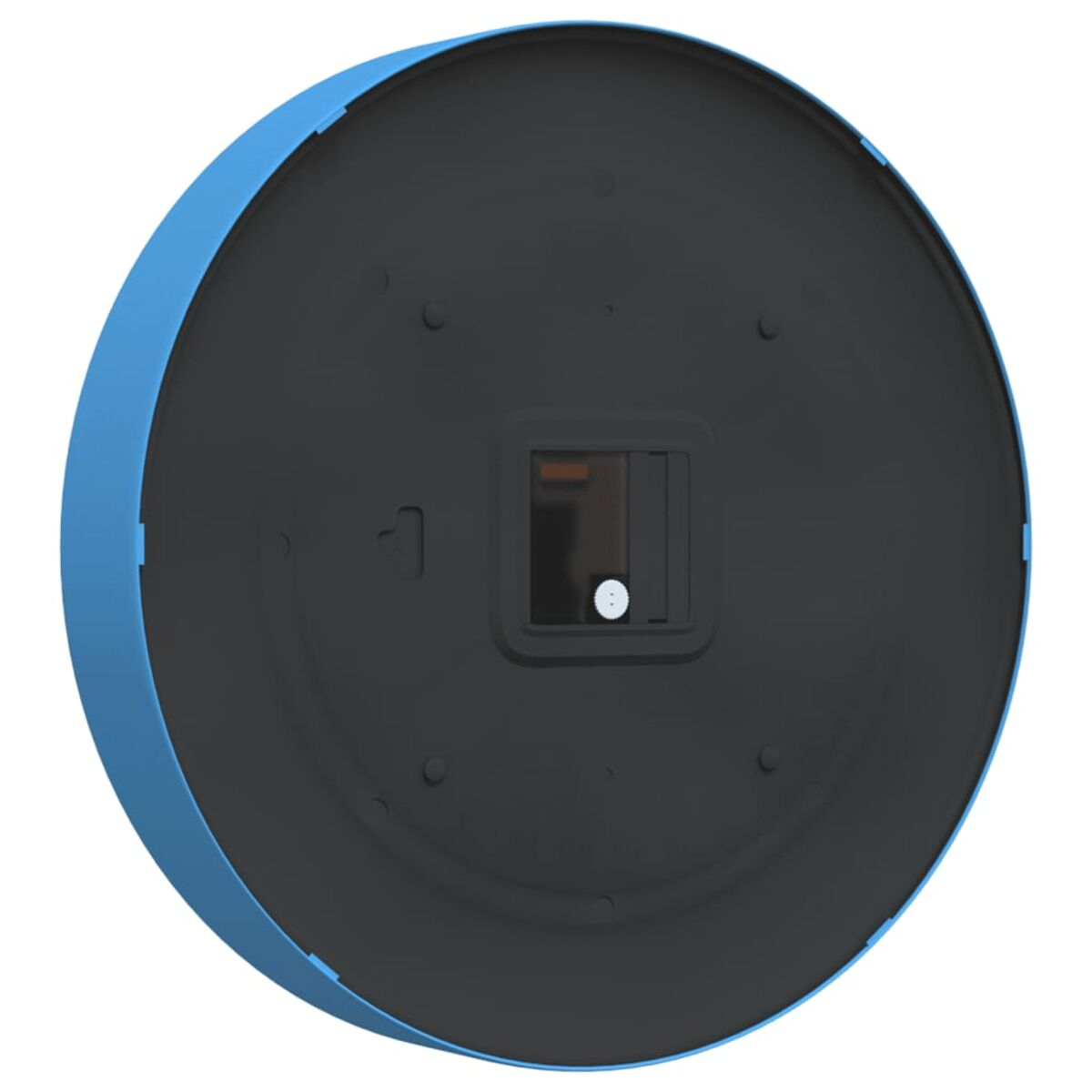 Blaue Uhrrückseite; schwarze Mitte mit Uhrwerk.