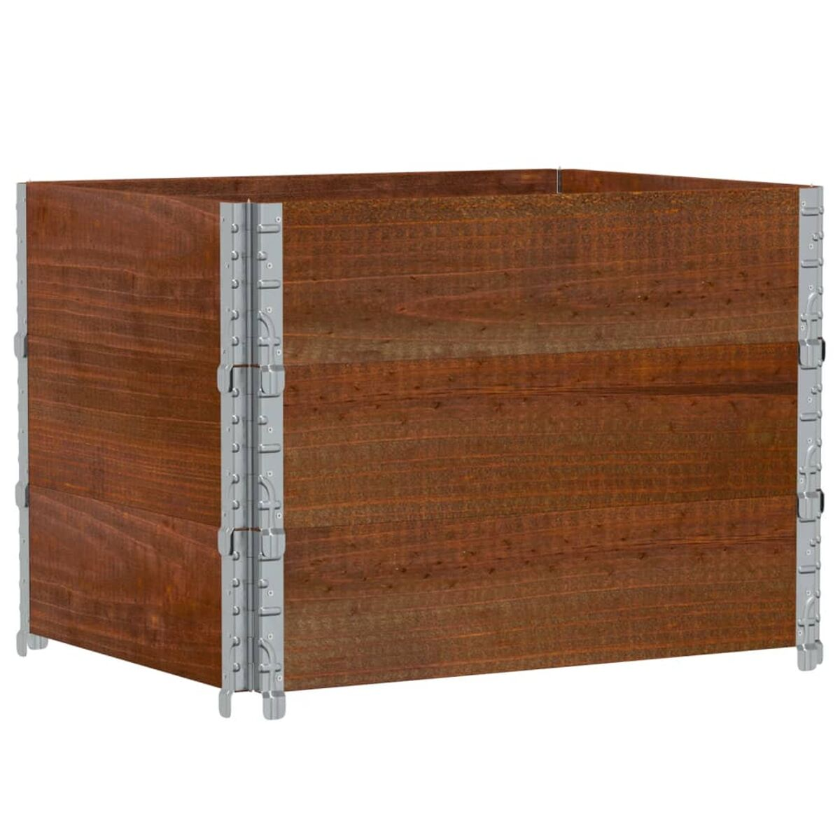 Große Holzkiste mit Metallscharnieren. Braunes Holz, rechteckige Form, schlichtes Design. Hellgraue Scharniere.