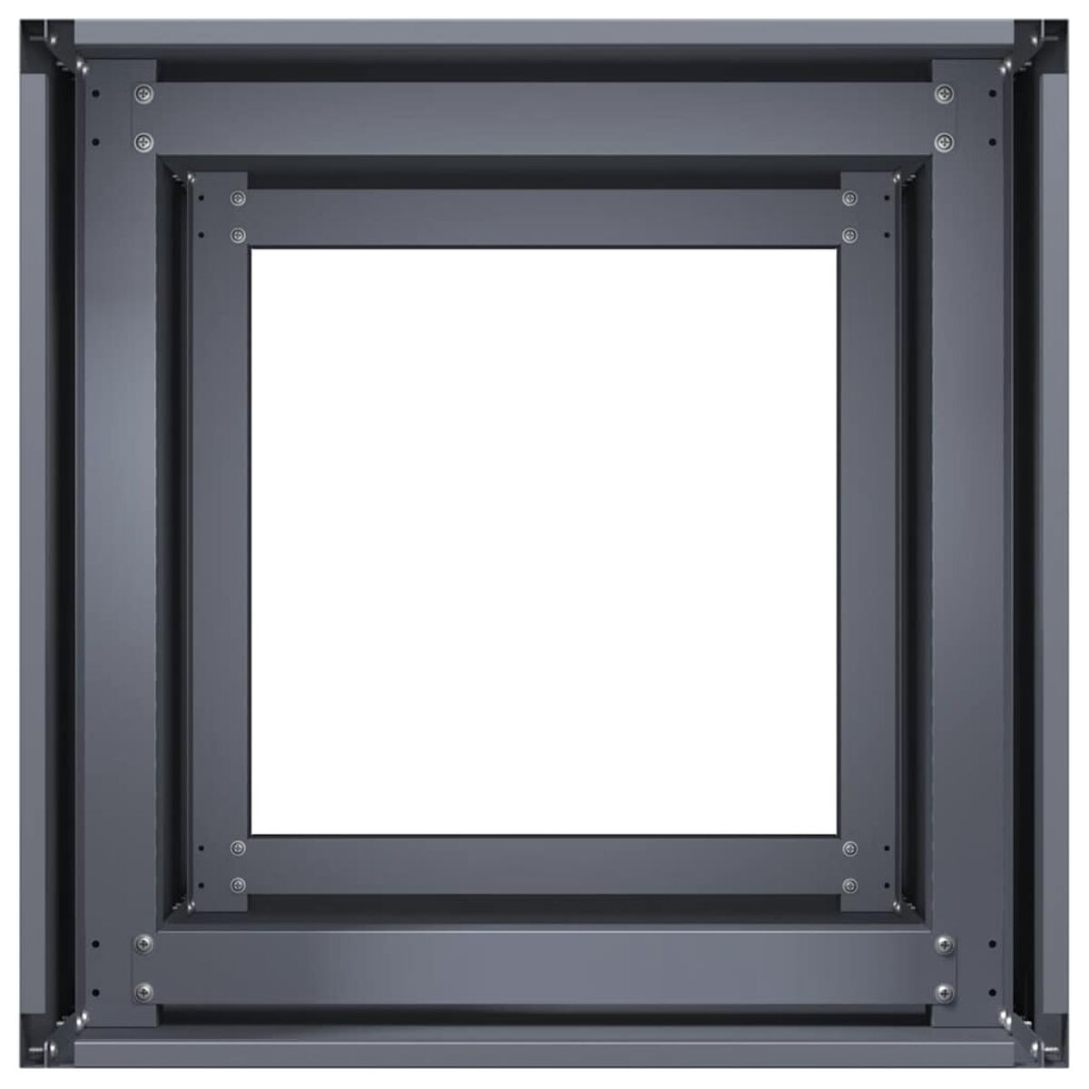 Un telaio quadrato in metallo con sfondo bianco, con una serie di bulloni.