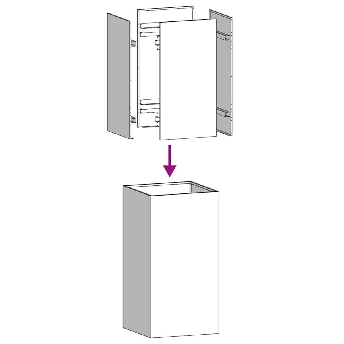 Diagramma di un mobile in fase di montaggio. L'anta del mobile viene fissata al telaio.