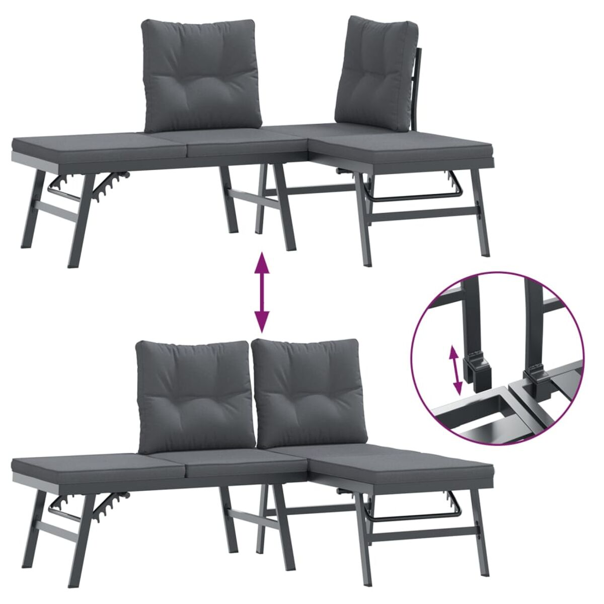 Modulares Outdoor-Sofa mit grauen Kissen. Zeigt das Sofa in zwei Konfigurationen, mit Mechanismen.