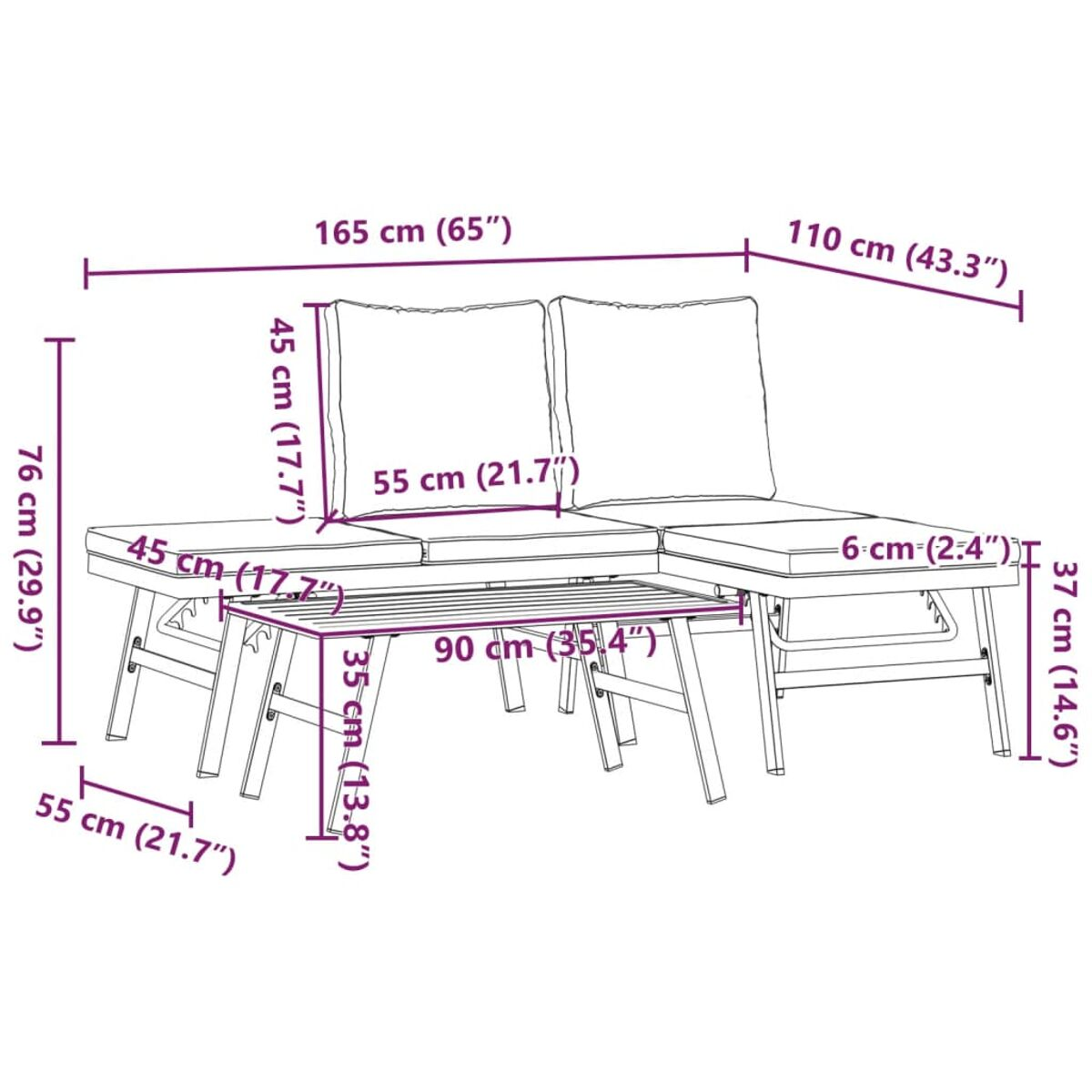 Outdoor-Sofagarnitur mit Couchtisch und zwei Sitzen, mit Maßen in cm und Zoll.