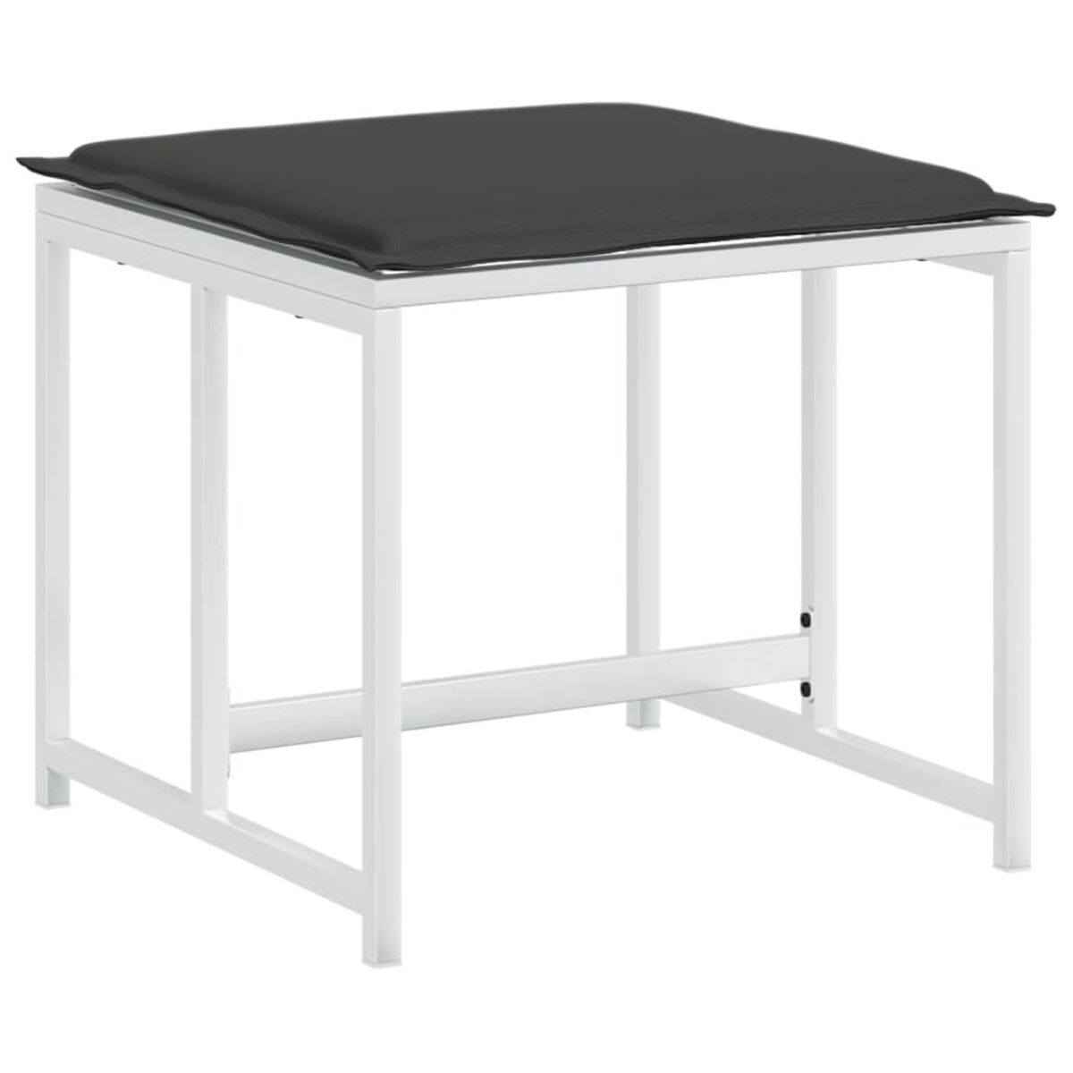 Uno sgabello in metallo bianco con un cuscino quadrato grigio. Le gambe sono dritte e il telaio è bianco.