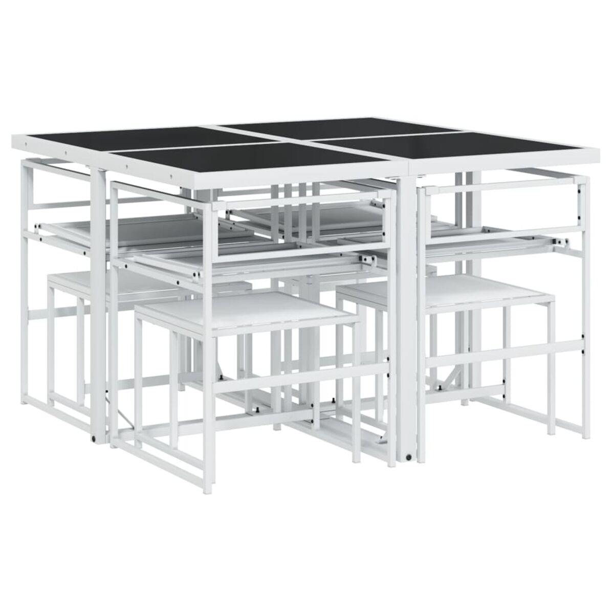 Set di tavoli modulari bianchi. Tavoli e sedie sono bianchi, disposti in un design moderno. Sfondo bianco.